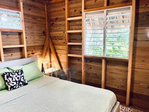 sypialnia z drewnianymi ścianami, łóżkiem i oknami w obiekcie Cabarete Breeze w mieście Cabarete