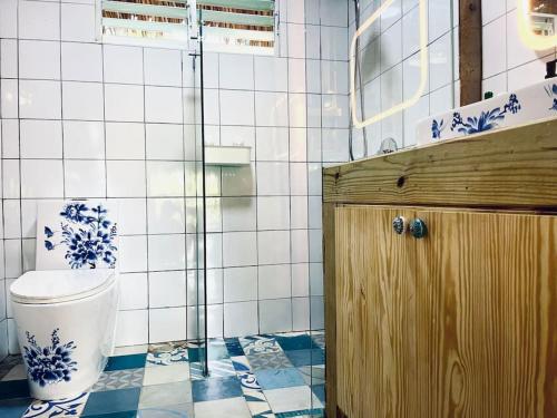 a bathroom with a toilet and a tiled wall at Cabarete Breeze in Cabarete