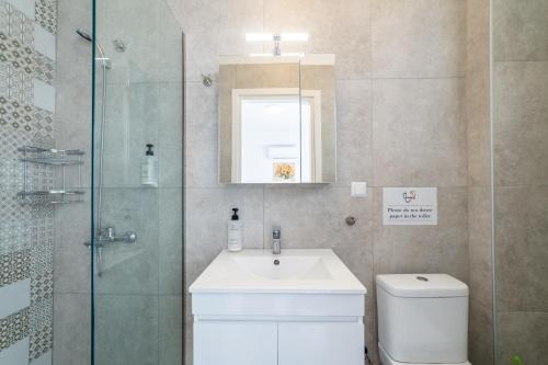 ein Bad mit einem WC, einem Waschbecken und einer Dusche in der Unterkunft Dionysos Residential Complex in Ofrynio