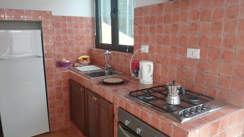a kitchen with a stove and a brick wall at Il Moro in Geremèas
