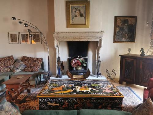 uma sala de estar com um sofá e uma lareira em Le Cellier de Beaulieu, au pied de la Cité, Maison de Vacances avec Climatisation et Jacuzzi em Carcassonne