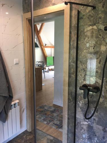 a shower with a glass door in a room at Apartament Ostoja in Polanica-Zdrój