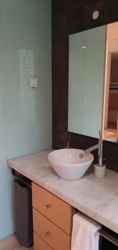 een badkamer met een witte wastafel en een spiegel bij Casa do Escorrega in Grândola