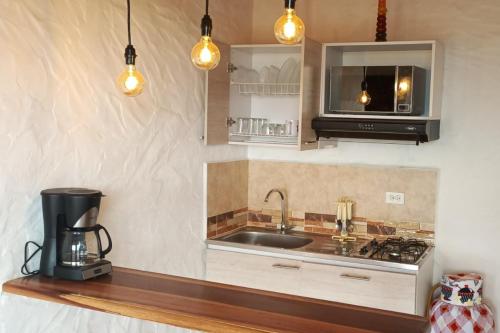 a kitchen with a sink and a microwave at Finca La Carmela in El Peñol