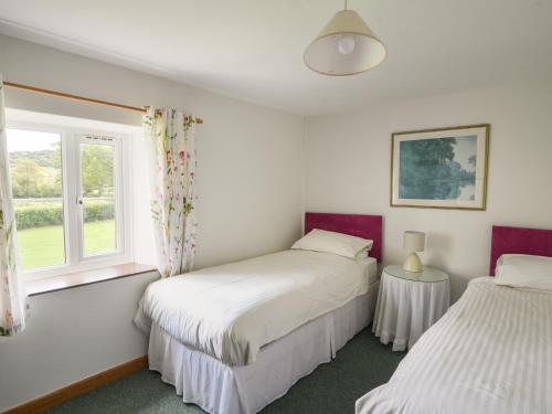 zwei Betten in einem Zimmer mit Fenster in der Unterkunft Millwater Cottage in Axminster