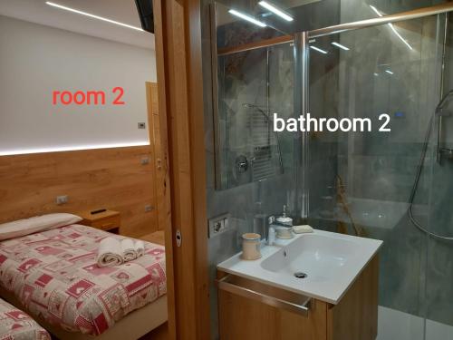 a bathroom with a sink and a shower at Appartamento Mansarda Patrizia e Franco Val di Sole in Commezzadura