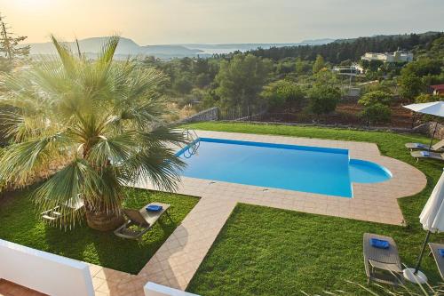 a swimming pool in a yard with palm trees at Dreamscape Residences - Villa Rafaella in Epáno Kefalás