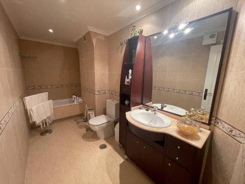 a bathroom with a sink and a toilet and a mirror at Piso vacacional con terraza panorámica a la ría. in Viveiro