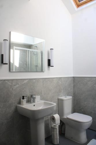 a bathroom with a sink and a toilet and a mirror at Fenwick Sunrise Hotel in Liverpool
