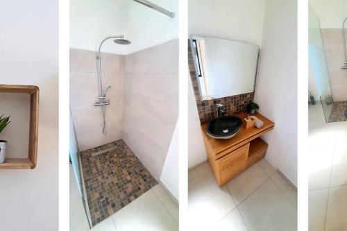 three views of a bathroom with a shower and a sink at Villa Sud Sauvage in Saint-Philippe
