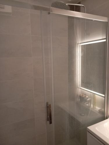 La salle de bains est pourvue d'une douche avec une porte en verre. dans l'établissement Belle Chambre pour une personne, à Rouen