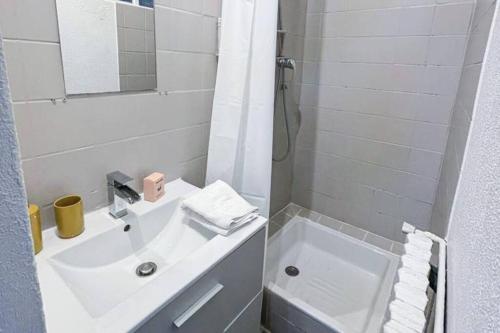 bagno bianco con lavandino e doccia di Fabre / Appartement central proche de la gare a Antibes