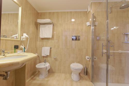 a bathroom with a shower and a toilet and a sink at Hotel Della Valle in Agrigento