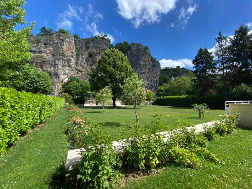 a garden with a mountain in the background at Logis Hôtels - Hôtel Restaurant Domaine Les Falaises in Martel