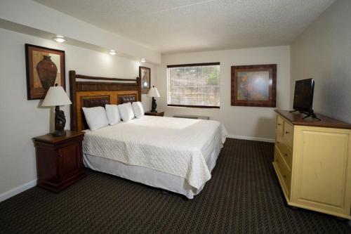 ein Schlafzimmer mit einem großen Bett und einem TV in der Unterkunft Oak Ridge at Branson in Branson