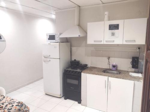 a small kitchen with a white refrigerator and a sink at ALFA SWEET APARTS in Formosa