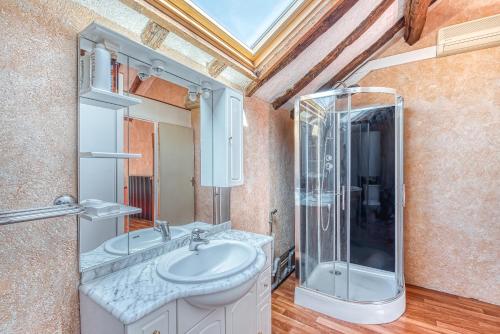 uma casa de banho com um lavatório e um chuveiro em Sous les toits vue LOIRE em Bouchemaine