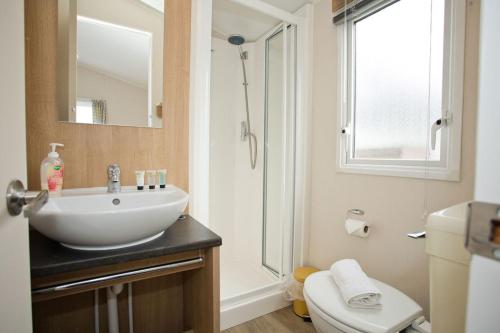 a bathroom with a sink and a toilet and a mirror at Luxury holiday retreat set within Oakdene Forest - Park activities pass included free! in Saint Leonards