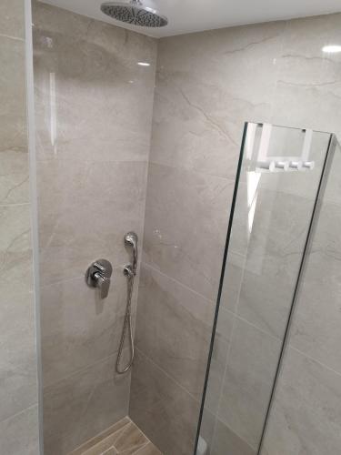 a shower stall with a glass door in a bathroom at Blue Sky Apartments in Malia