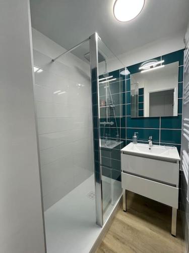 une salle de bain avec un lavabo et une douche en verre dans l'établissement CAP COZ Plage, à Fouesnant