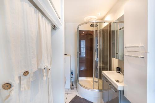 bagno bianco con doccia e lavandino di MONKEY PARADISE Bel appartement vue LOIRE a Bouchemaine