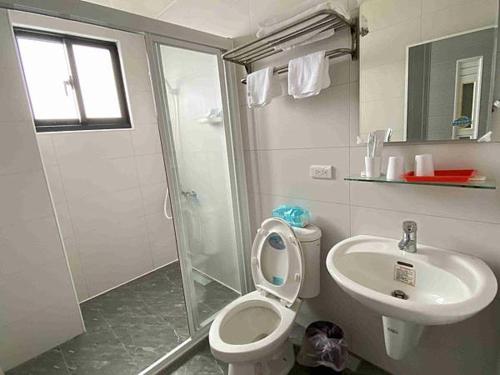a bathroom with a shower and a toilet and a sink at 藍色星空庭園 in Jinning