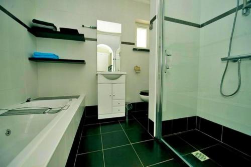 een badkamer met een douche, een wastafel en een toilet bij 6 Persoons Vakantiewoning Portugal - Casa do Balão - en - Casa Pequeno Pintor in Figueira e Barros