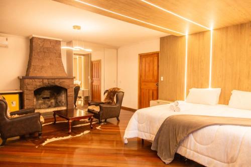 a hotel room with a bed and a fireplace at Wine Residence in Garibaldi