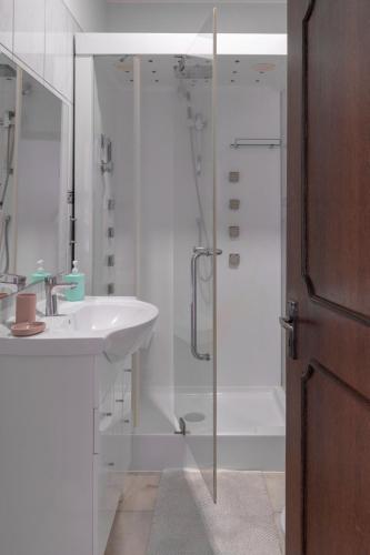 a bathroom with a shower and a sink and a shower backdoor at Sunset House in Câmara de Lobos