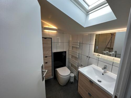 a bathroom with a toilet and a sink and a skylight at Ferienwohnung am Schutzgraben in Lübben