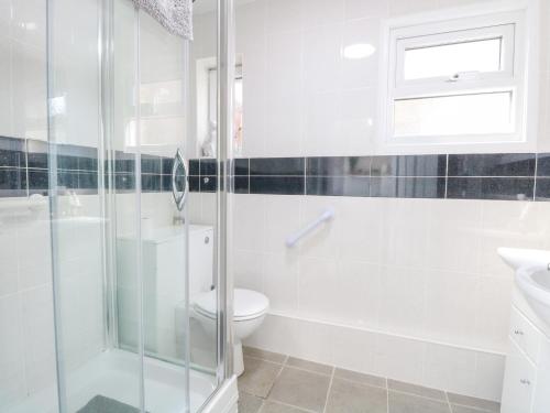uma casa de banho com um chuveiro, um WC e um lavatório. em Donnys Plaice em Great Yarmouth