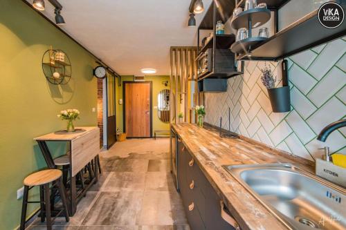 eine Küche mit einer Spüle und einer Theke in der Unterkunft Park Apartment 23 in Alba Iulia