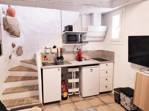 eine kleine Küche mit einer Spüle und einer Mikrowelle in der Unterkunft CÁNTARO. Las Puertitas Rojas in Ubrique
