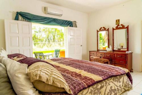 a bedroom with a bed and a dresser and a window at Bungalow on the Terrace in Montego Bay
