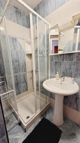 un baño con lavabo y ducha en Apartments Anita in Villa Esperia, en Opatija