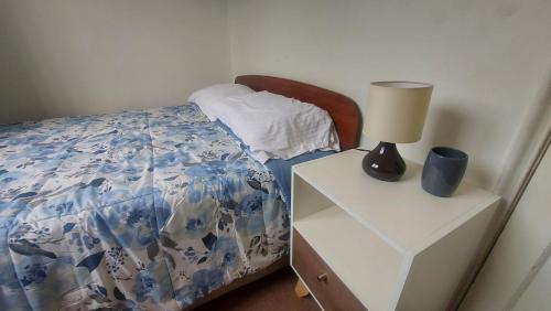 Dormitorio con cama y mesita de noche con lámpara en Dormitorio con baño y acceso independiente, en Santiago