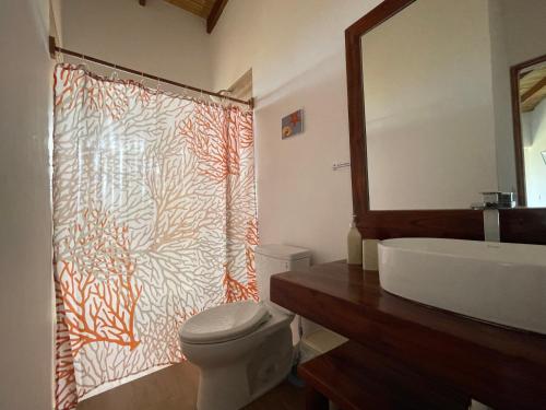 ein Badezimmer mit einem Waschbecken, einem WC und einem Duschvorhang in der Unterkunft villa colibri in Los Órganos