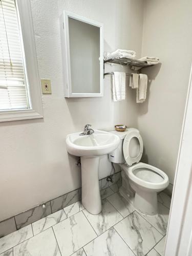 a bathroom with a toilet and a sink and a mirror at Llano Motel in Llano