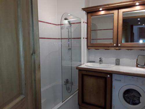 une salle de bain avec douche et lavabo et une machine à laver dans l'établissement Appartement avec piscine chauffée, terrasse, parkings et 2 chambres - FR-1-733-126, à Crest-Voland