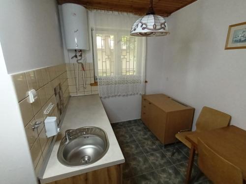 uma casa de banho com um lavatório prateado num quarto em Lipowy Przylądek - Domek 3 