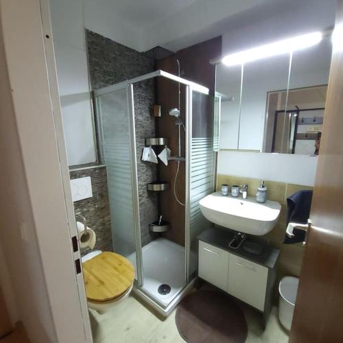 een badkamer met een glazen douche en een wastafel bij Entspannen in Passau an der Donau inklusive Netflix in Passau