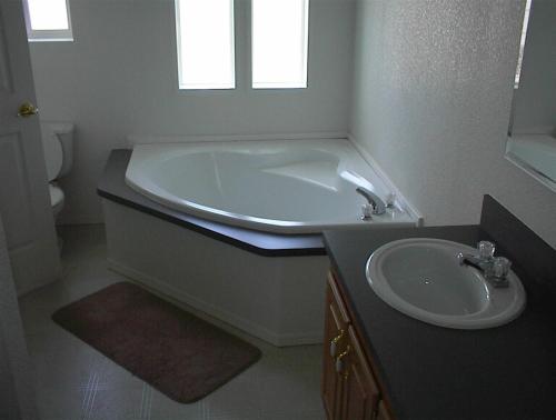 a bathroom with a sink and a bath tub at Waterfront Colorado River Home With Private Dock! in Needles