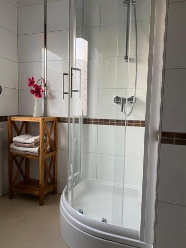 a bathroom with a shower and a bath tub at Unter dem Dach mit Parkplatz in Bremen