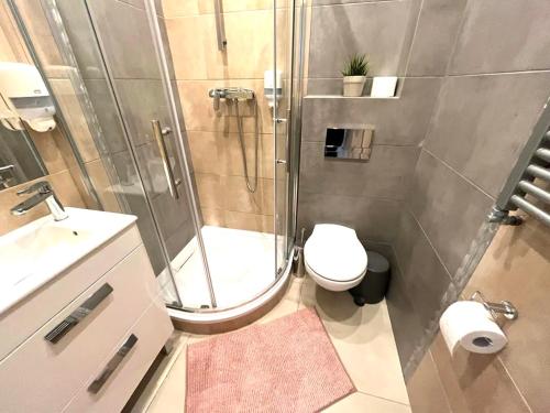 a bathroom with a shower and a toilet and a sink at Studio Krakow Center in Kraków