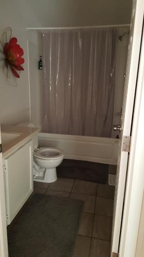 a bathroom with a toilet and a shower at Explore Amador and Calaveras County. in West Point