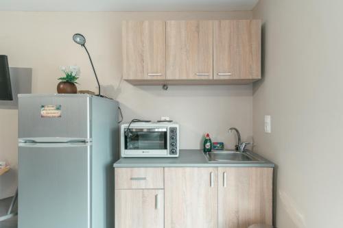 a small kitchen with a microwave and a refrigerator at Old Town Euphoria Suite in Kos Town