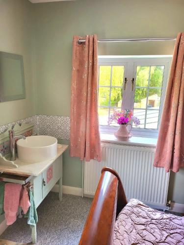 a bathroom with a sink and a mirror and a window at Canalside B and B in Yelvertoft