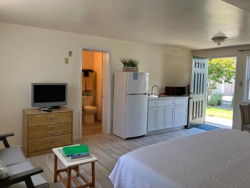 a kitchen with a white refrigerator and a tv at The Buckingham Motel in Cape May