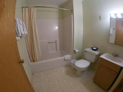 a bathroom with a toilet and a shower and a sink at Budget Inn Clearfield PA in Clearfield