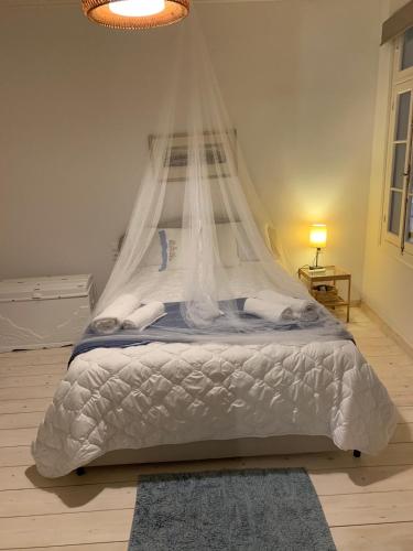 a bedroom with a bed with a mosquito net at Grandma’s stone-house in Amfilochia